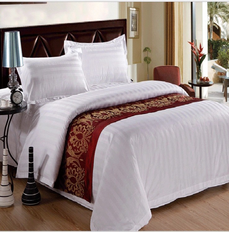 宾馆酒店招待所白床单被罩四件套纯棉贡缎宽窄条床单
