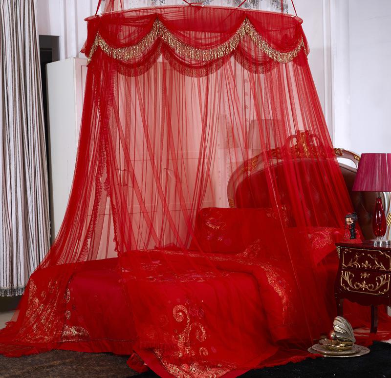大红色蚊帐 长圆顶吊顶蚊帐婚庆结婚床上用品 结婚床幔红色帐纱